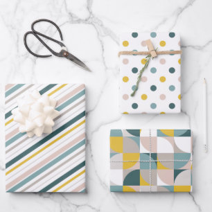 RetroMod Patterns Aqua Teal Blue Blush Pink Yellow Wrapping Paper Sheet