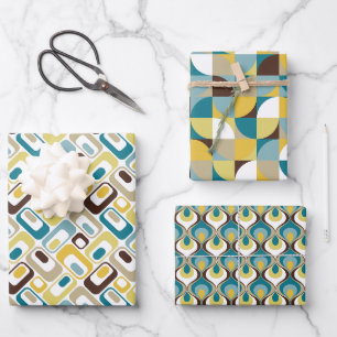 RetroMod Patterns Teal Blue Brown Mustard Yellow Wrapping Paper Sheet