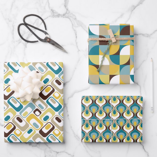 RetroMod Patterns Teal Blue Brown Mustard Yellow Wrapping Paper Sheet (Front)