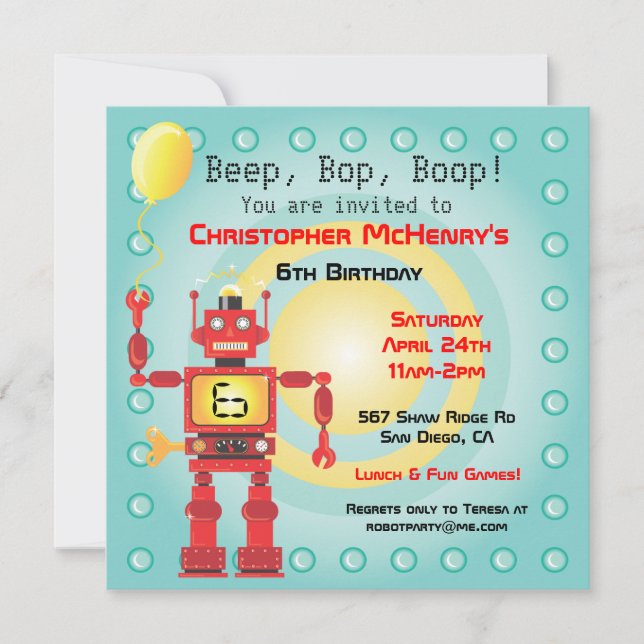 Rétros invitations de fête d'anniversaire de robot (Devant)