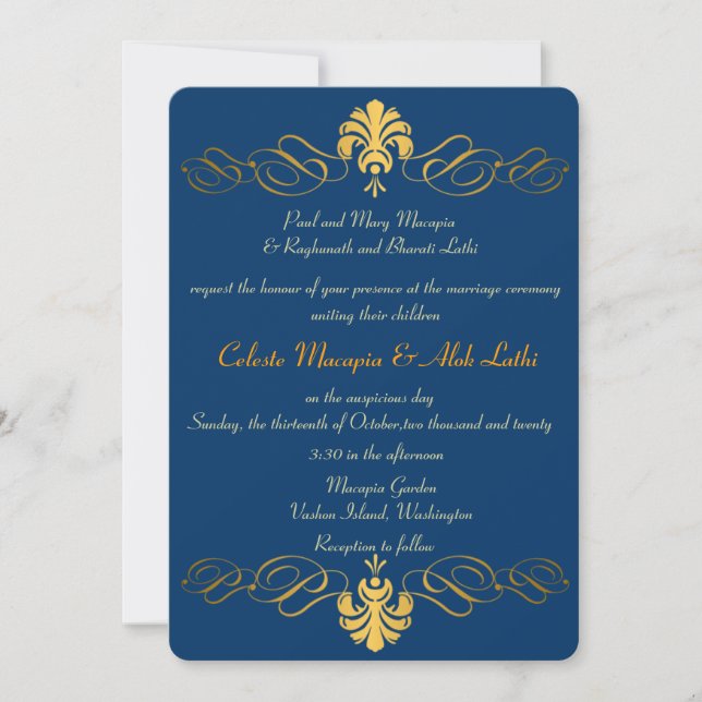 Rétros invitations indiens fleuris de mariage d'or (Devant)