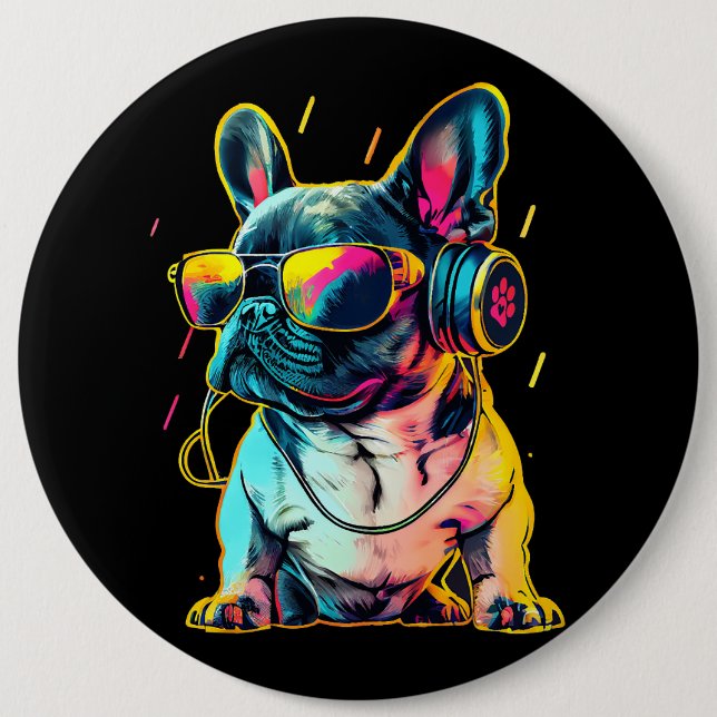Retrowave French Bulldog with Headphones and Sungl 6 Inch Round Button (Front)