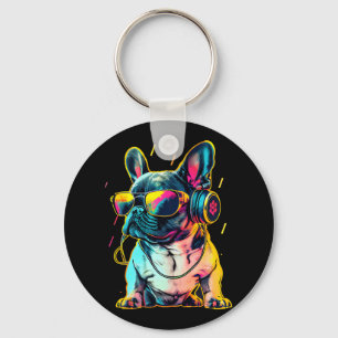 Retrowave French Bulldog with Headphones and Sungl Keychain