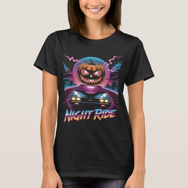 Retrowave Halloween Pumpkin Night Ride T-Shirt | 8 (Front)