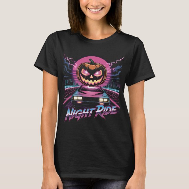Retrowave Halloween Pumpkin Night Ride T-Shirt | 8 (Front)