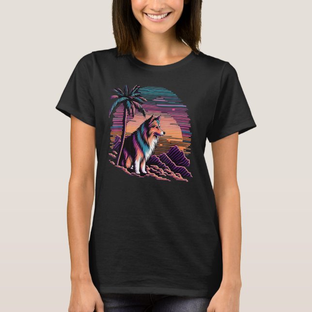 Retrowave Synthwave Sheltie 80s Vaporwave Shetland T-Shirt (Front)