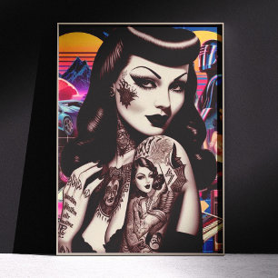 Retrowave Tattooed Pin-up Collage Poster