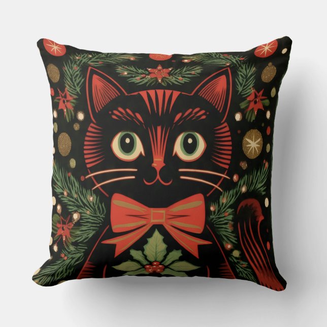 RetroXmasCat  Throw Pillow (Front)