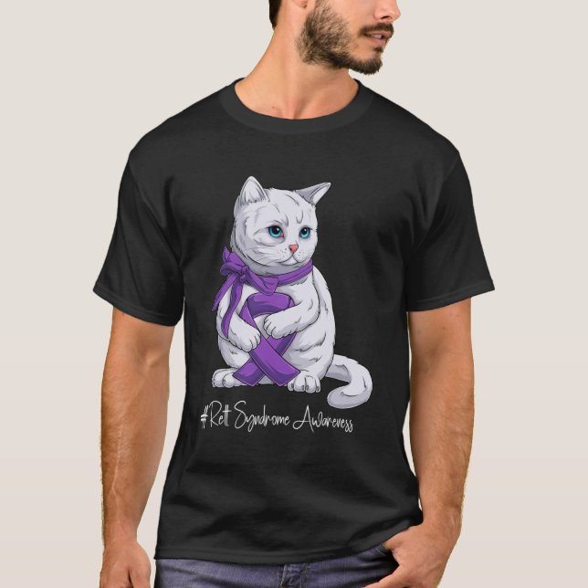 Rett Syndrome Awareness Month Purple Ribbon Cat T-Shirt (Front)