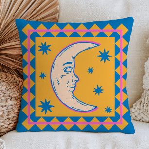 Rettro Crescent Moon Face Colourful Celestial Throw Pillow