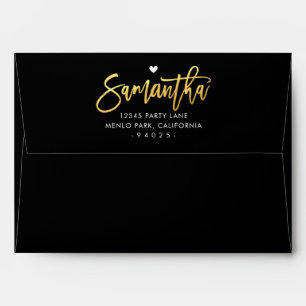 RETURN ADDRESS black faux shiny gold white hearts Envelope
