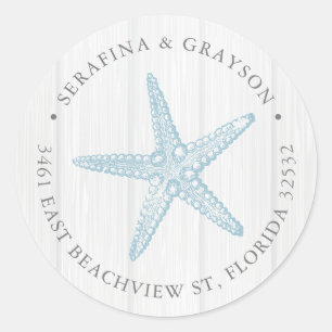Return Address Blue Starfish Rustic Beach Wedding  Classic Round Sticker