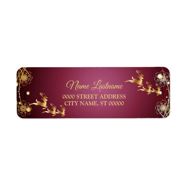 Return Address Christmas Golden Reindeers Red Pink (Front)