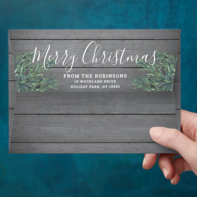 Return Address Christmas Greenery and Grey Wood Envelope (Hand)