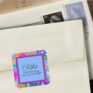 Return Address Colourful Damask Blue Square Sticker