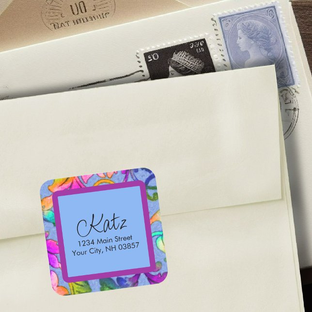 Return Address Colourful Damask Blue Square Sticker (Creator Uploaded)
