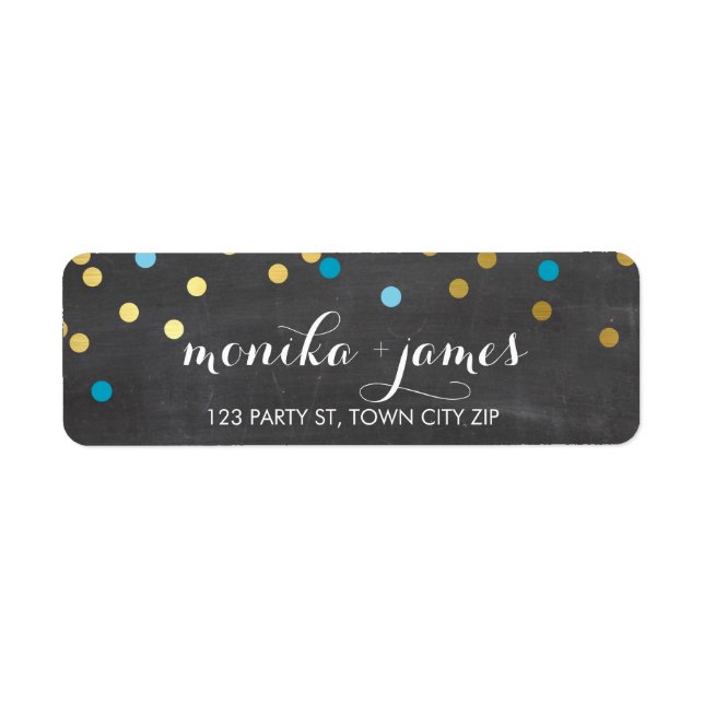 RETURN ADDRESS confetti gold turquoise chalkboard (Front)