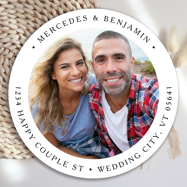 Return Address Couple Photo Elegant Simple Classic Round Sticker (Creator Uploaded)