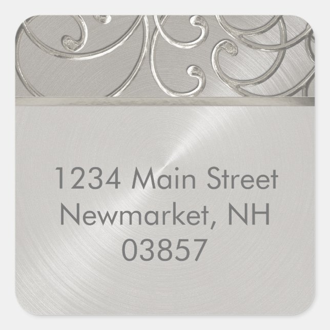 Return Address Elegant All Silver Filigree Swirls Square Sticker (Front)