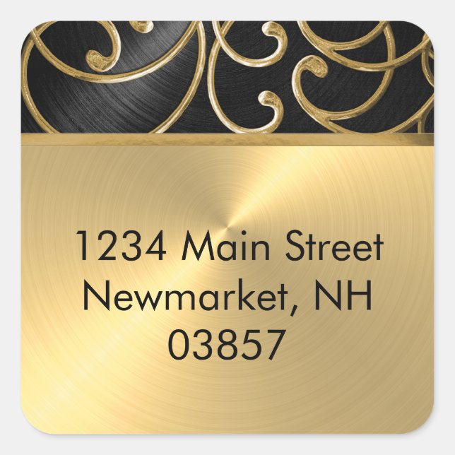 Return Address Elegant Black and Gold Filigree Square Sticker (Front)