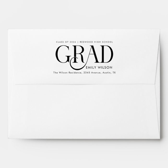Return Address Elegant Black Script Graduation Envelope (Back (Top Flap))