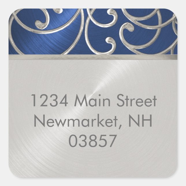 Return Address Elegant Blue and Silver Filigree Square Sticker (Front)