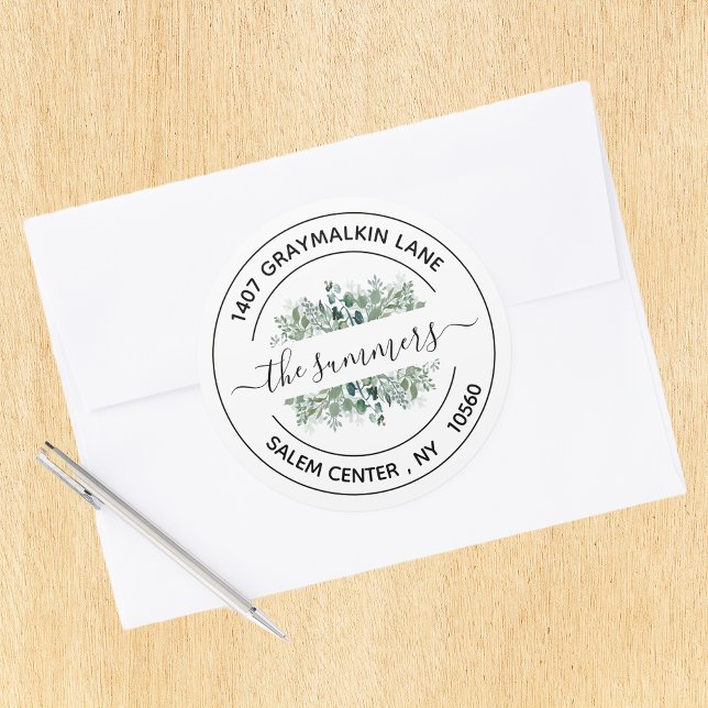 Return Address Handwritten Calligraphy Leaves Classic Round Sticker (Creator Uploaded)