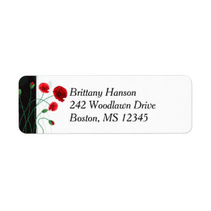 Return Address Label 2  Red Poppies   Black, Green