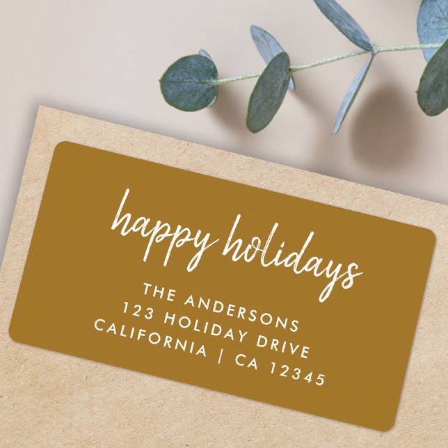 Return Address Label | Gold Christmas Mail Sticker (Elegant gold Happy Holidays return label by Guava for your festive mail)