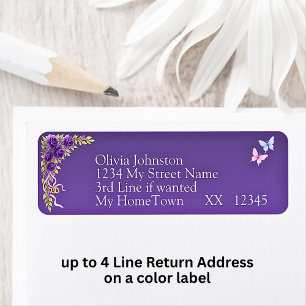 Return Address Labels, Purple Mauve Flowers White
