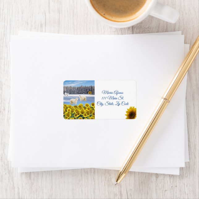 Return Address Labels Sunflower Floral Polar Bear (Insitu)