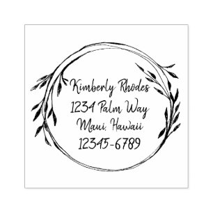 Return Address Leaf Wreath Personalized  Rubber Stamp