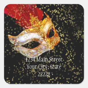 Return Address Masquerade Black Red Gold Square Sticker