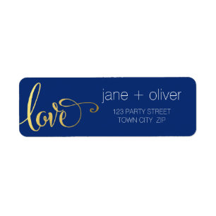 RETURN ADDRESS modern love script type gold blue
