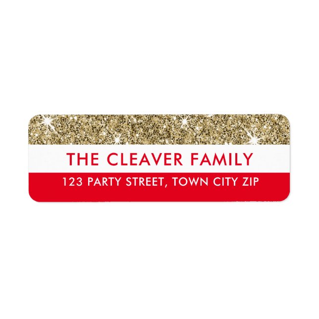 RETURN ADDRESS modern stripe faux gold glitter red (Front)