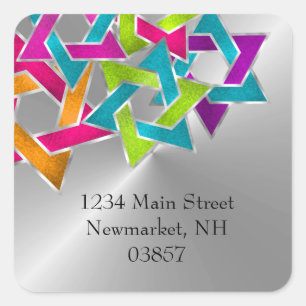 Return Address Multicolored Star of David Silver Square Sticker