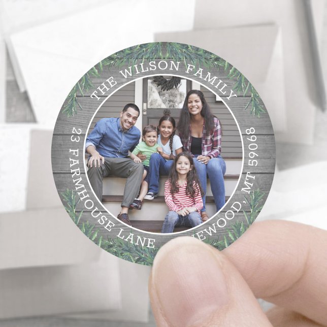 Return Address & Photo Christmas Greenery & Wood Classic Round Sticker (Creator Uploaded)