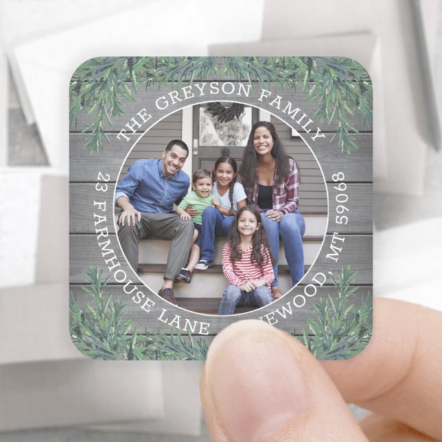Return Address & Photo Christmas Greenery & Wood Square Sticker (Creator Uploaded)