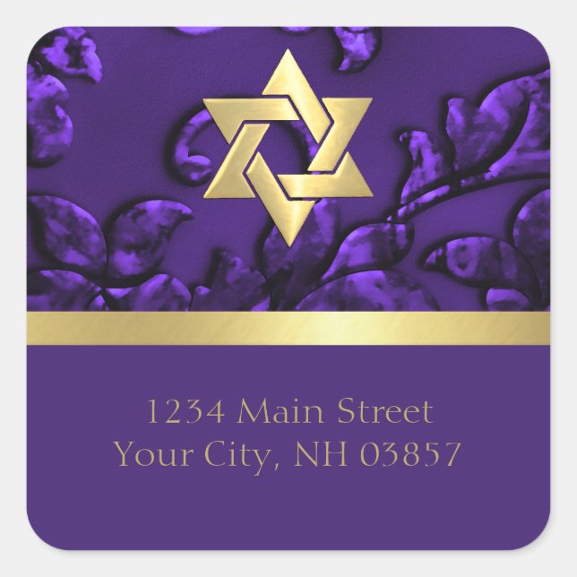 Return Address Purple Damask with Any Colour Square Sticker (Front)