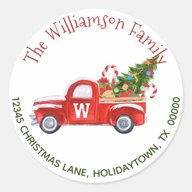 Return Address Red Truck Monogrammed Christmas Classic Round Sticker (Front)