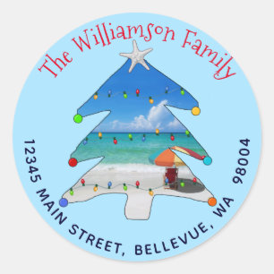 Return Address sBeach Christmas Tree Lights Classic Round Sticker
