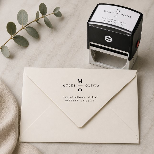 Return Address Stamp | Wedding Couple Monogram (Custom wedding return address stamp with couple monogram for invitations and save the dates.)