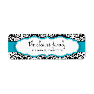 RETURN ADDRESS stylish damask black turquoise blue