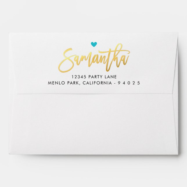RETURN ADDRESS turquoise blue gold script name Envelope (Back (Top Flap))