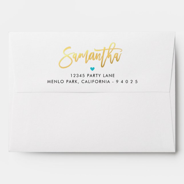 RETURN ADDRESS turquoise blue gold script SAMANTHA Envelope (Back (Top Flap))