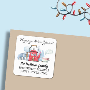 Return Address Watercolor Christmas Holiday House Square Sticker