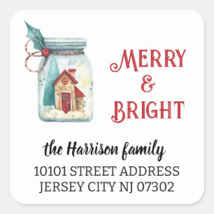 Return Address Winter Holiday House in Mason Jar Square Sticker