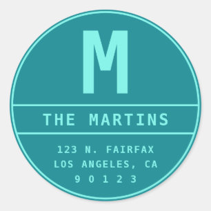Return Address with Monogram   Teal & Turquoise Classic Round Sticker