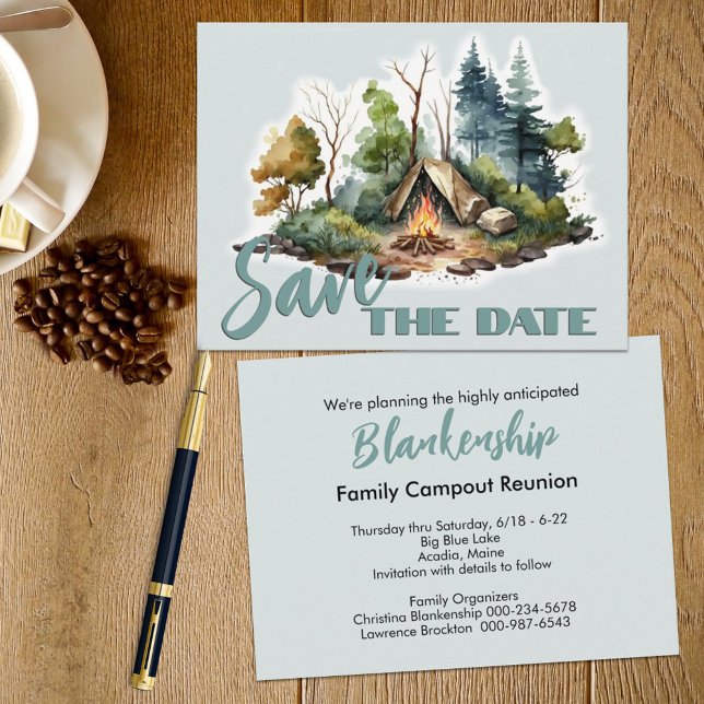 Reunion Celebration Watercolor Tent Announcement  Postcard (This easy to personalize family reunion save the date announcement also serves as the invitation. )