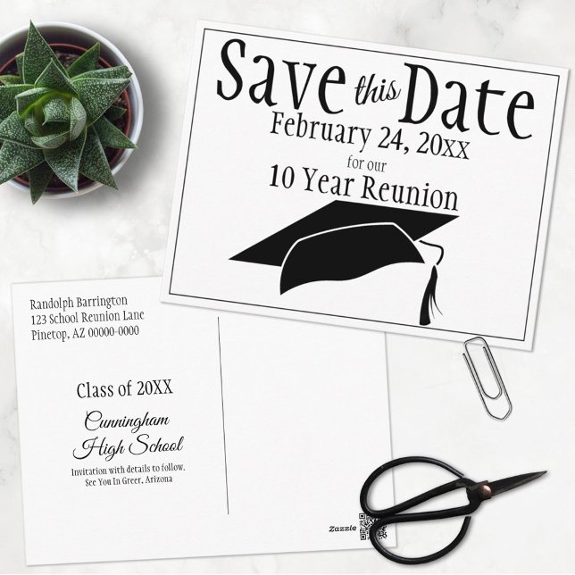 Reunion Class Save The Date  Black Graduation Cap Postcard (Creator Uploaded)